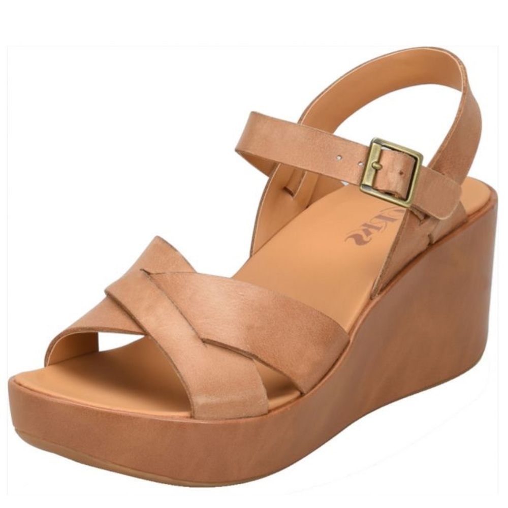Korks Sz 8 Denica Tan Leather Platform Wedge Sandals